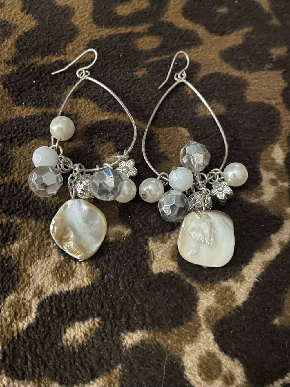 Silver & Pearl Drop Earrings with Mother-of-Pearl Charms